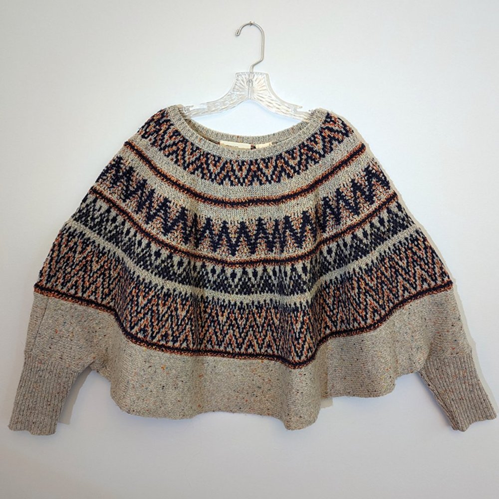 Fair Isle Poncho Sweater by Anthropologie in Oatmeal Wool Blend
